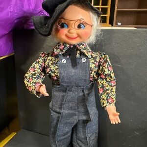 Granny in overalls Vtg doll Floral Outfit wearing glasses black shoes